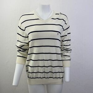 Tommy Hilfiger Striped Black and White V Neck Sweater